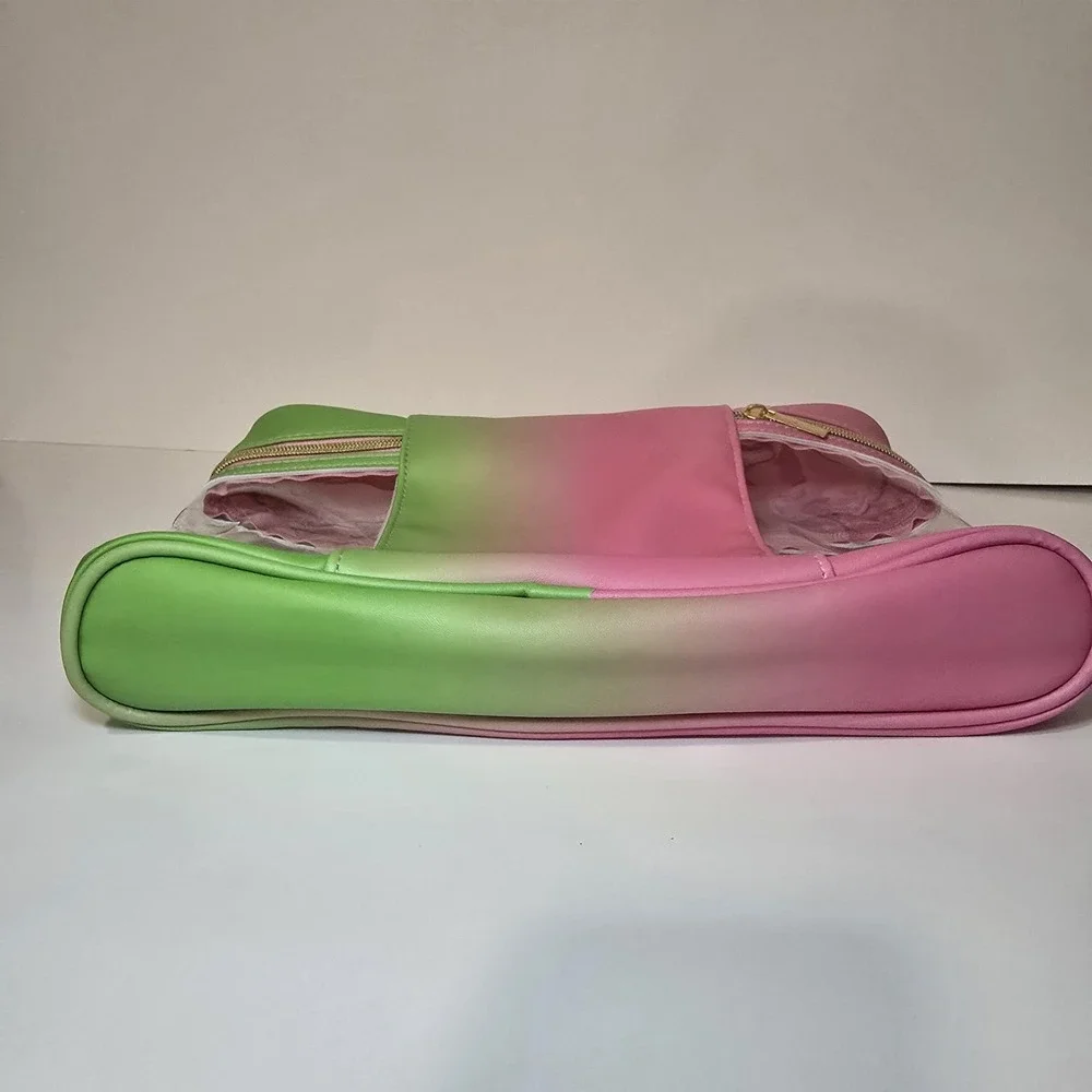 Wicked Pink Green Ombre Clear Cosmetic Travel Bag Organizer Gold Zip